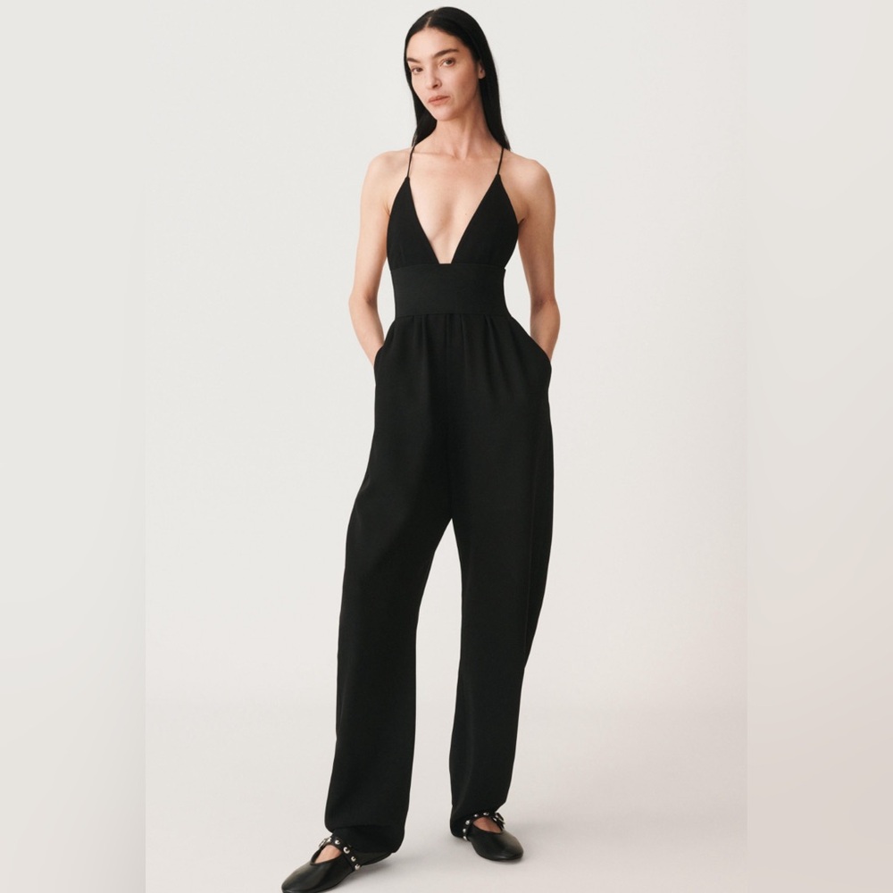 Zara Black V-Neck Straight-Leg Jumpsuit